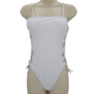 Zando Womans size M Lace Sides Square Neck Cheeky One Piece Swimsuit White NWOT